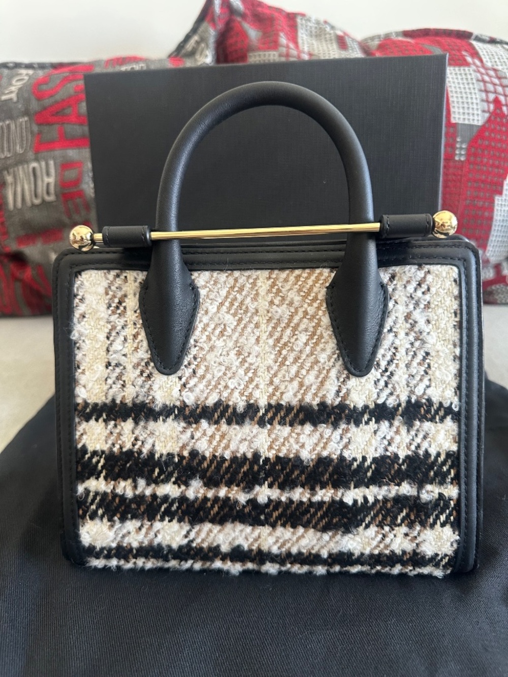 Strathberry Mini Tote Black Bouclé Tartan Limited Edition | Full Set